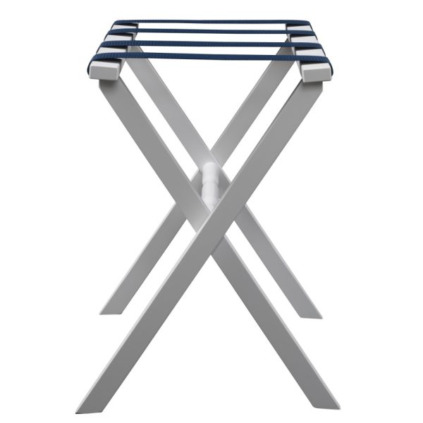 Hotel White Finish Wood Folding Luggage Rack With Navy Straps - Image 2