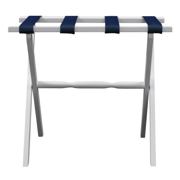 Hotel White Finish Wood Folding Luggage Rack With Navy Straps - Image 3