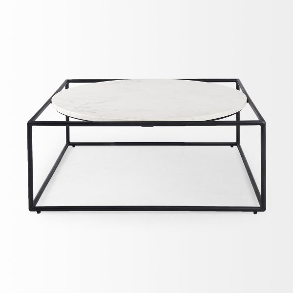 36" White And Black Genuine Marble And Metal Square Coffee Table - Image 3