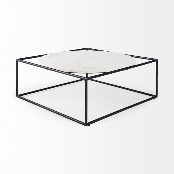 36" White And Black Genuine Marble And Metal Square Coffee Table - Image 4