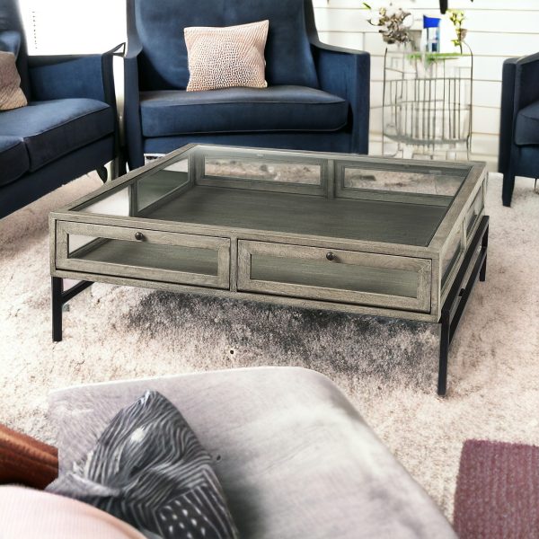 42" Gray And Black Glass And Metal Square Coffee Table With Shelf - Image 2