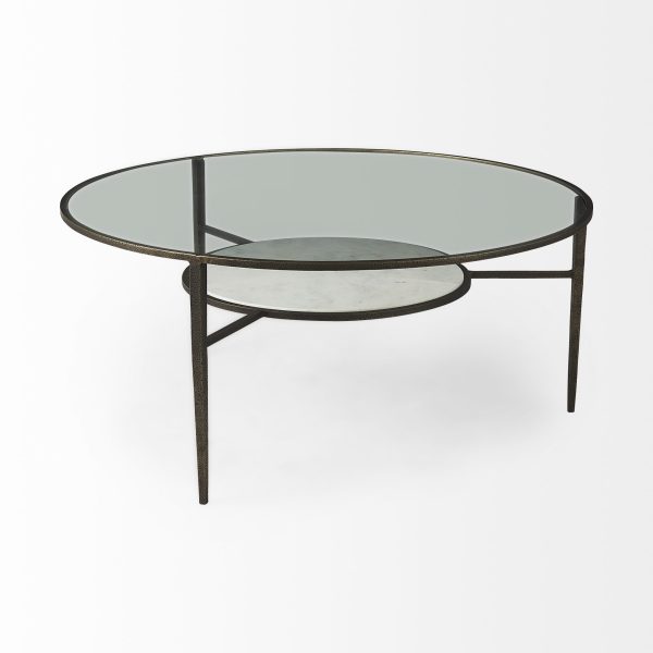 36" Clear And Bronze Glass And Metal Round Coffee Table With Shelf - Image 4