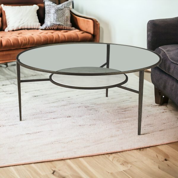 36" Clear And Bronze Glass And Metal Round Coffee Table With Shelf - Image 2