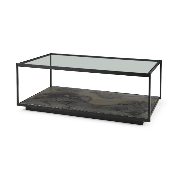 48" Clear And Black Glass And Wood Coffee Table With Shelf - Image 2