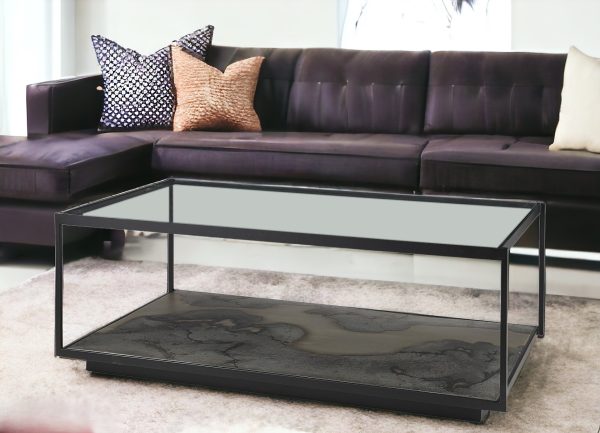 48" Clear And Black Glass And Wood Coffee Table With Shelf
