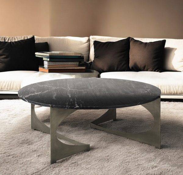 48" Black And Gold Genuine Marble And Iron Round Coffee Table - Image 2