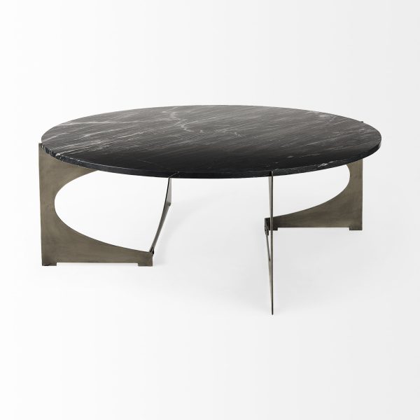 48" Black And Gold Genuine Marble And Iron Round Coffee Table - Image 3
