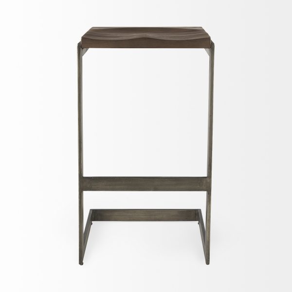 30" Wood Brown And Gray Solid Wood And Metal Backless Bar Height Bar Chair - Image 3