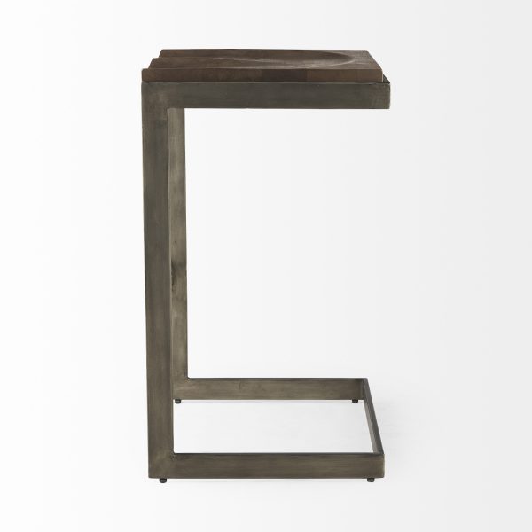 30" Wood Brown And Gray Solid Wood And Metal Backless Bar Height Bar Chair - Image 4