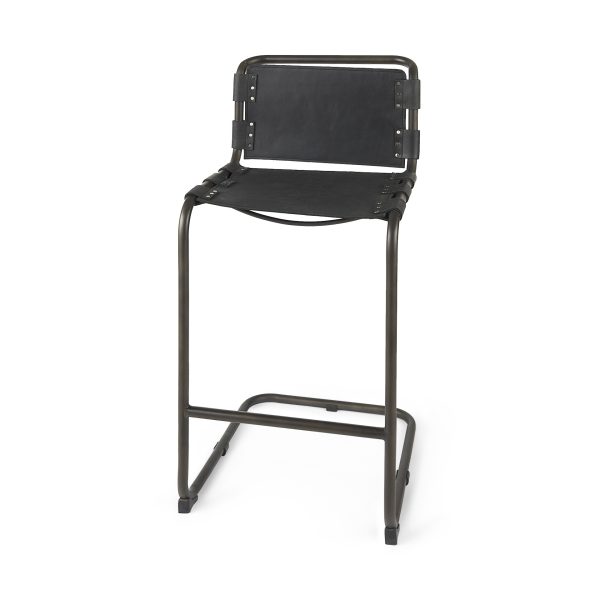 30" Black And Gunmetal Gray Leather And Iron Bar Height Bar Chair - Image 2