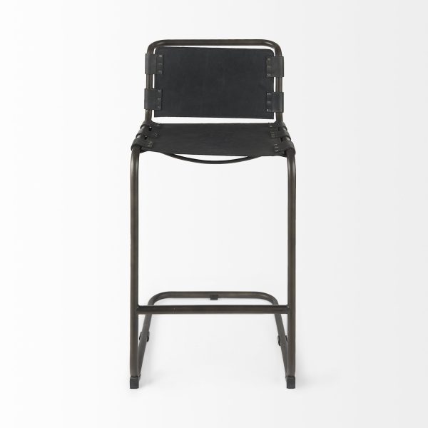30" Black And Gunmetal Gray Leather And Iron Bar Height Bar Chair - Image 3