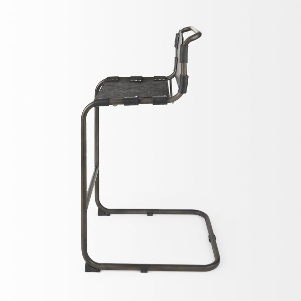 30" Black And Gunmetal Gray Leather And Iron Bar Height Bar Chair - Image 4