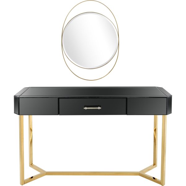 47" Black and Gold Mirrored Glass Frame Console Table And Drawers - Image 2