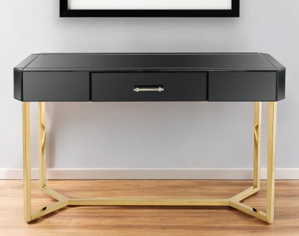 47" Black and Gold Mirrored Glass Frame Console Table And Drawers - Image 3