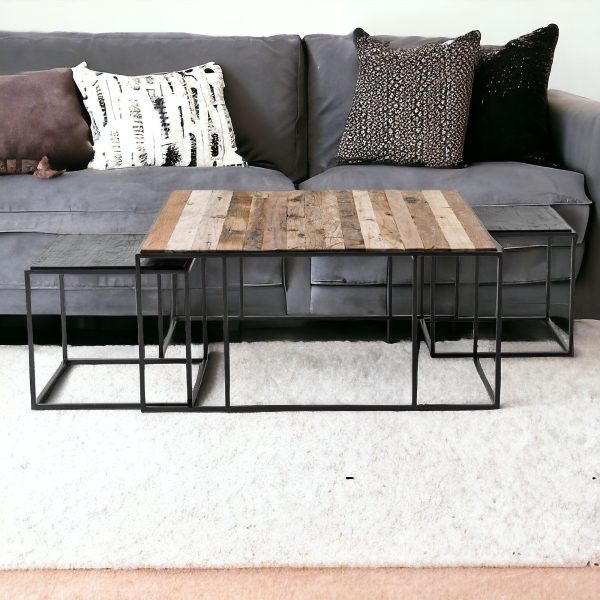 Set of Three 39" Brown And Black Solid Wood And Iron Square Nested Coffee Tables - Image 2