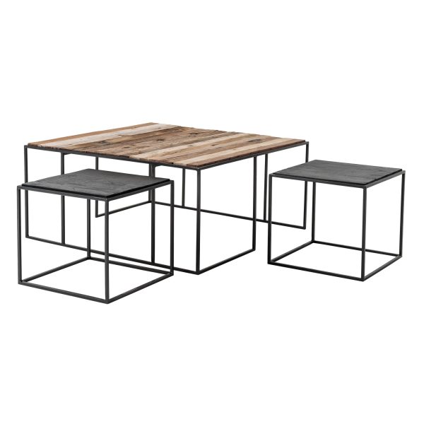 Set of Three 39" Brown And Black Solid Wood And Iron Square Nested Coffee Tables - Image 4
