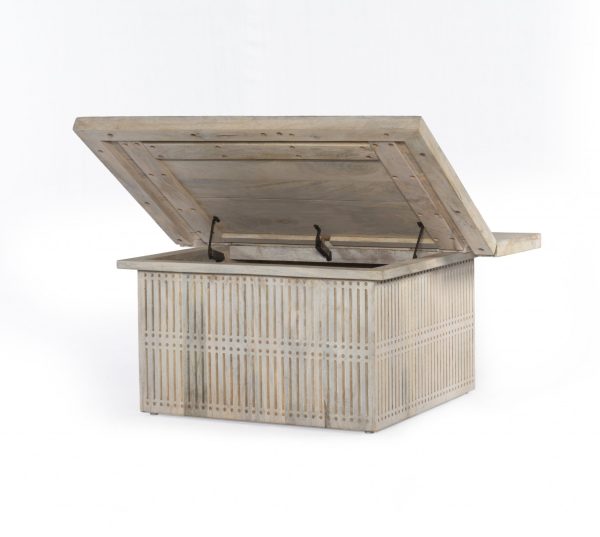 Rustic Graywash Carved Wood Storage Coffee Table - Image 3