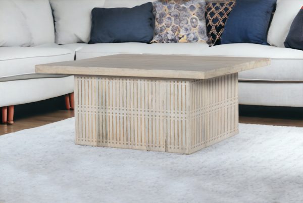Rustic Graywash Carved Wood Storage Coffee Table - Image 2