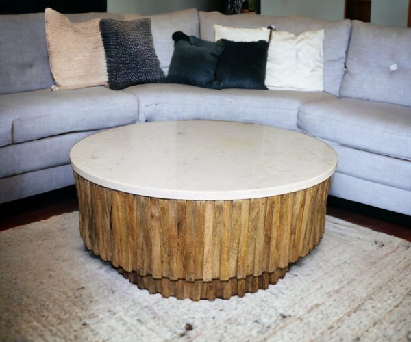 Round Marble Top and Wooden Strips Coffee Table - Image 2