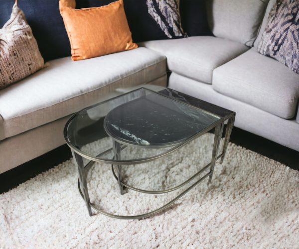Set of 2 Black Marble Top and Glass Coffee Tables - Image 2