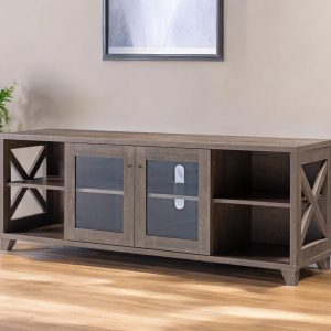 60" Brown Particle Board Mdf And Glass Cabinet Enclosed Storage TV Stand