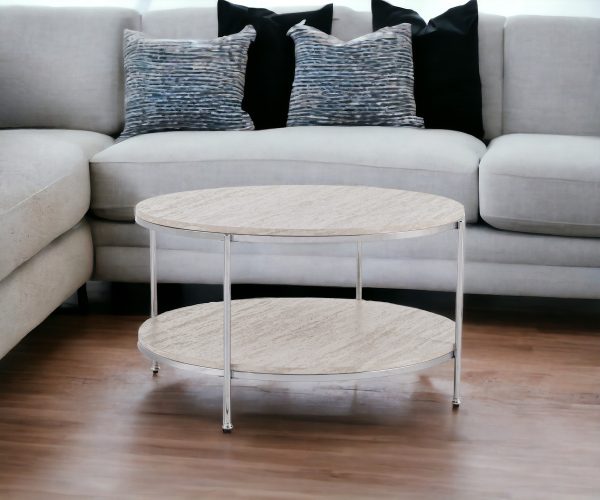 33" Chrome Faux Marble And Metal Round Coffee Table - Image 2