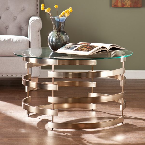 32" Clear And Champagne Glass And Metal With Iron Round Coffee Table - Image 4