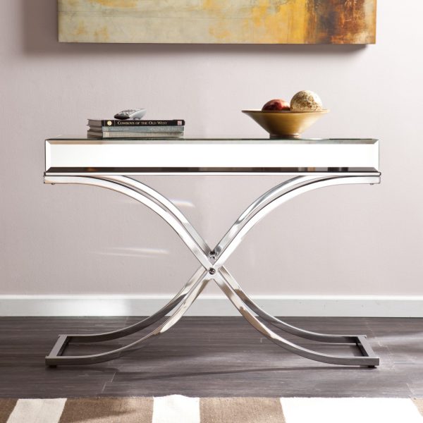 42" Silver Mirrored Glass Cross Leg Console Table - Image 4