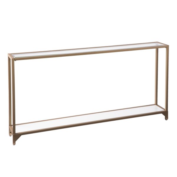 56" Clear and Gold Glass Mirrored Frame Console Table With Shelves - Image 3