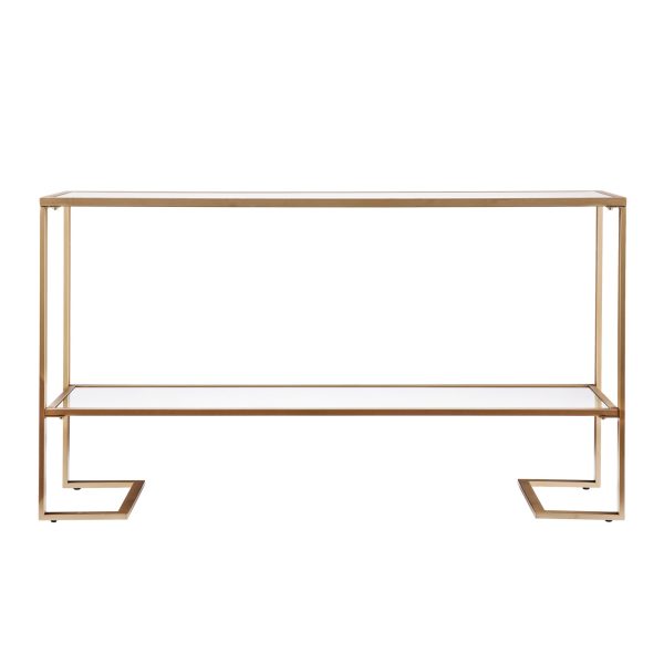 52" Clear and Gold Glass Mirrored Sled Console Table With Shelves - Image 2