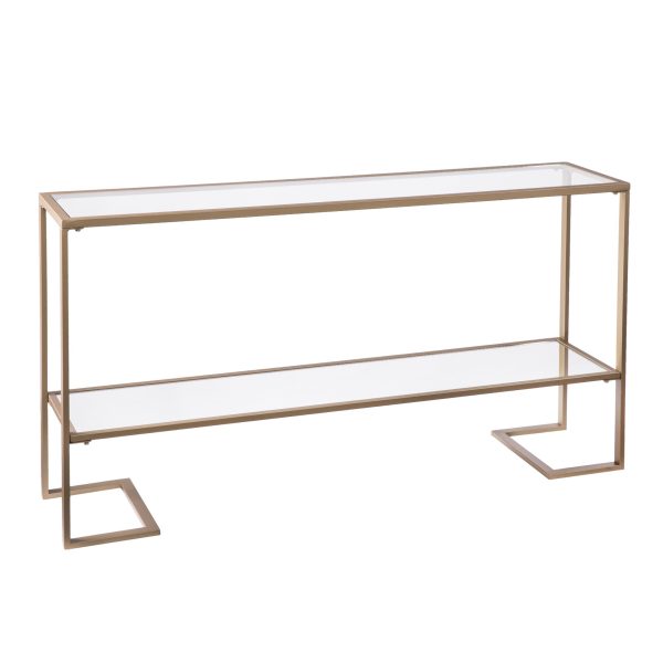 52" Clear and Gold Glass Mirrored Sled Console Table With Shelves - Image 4