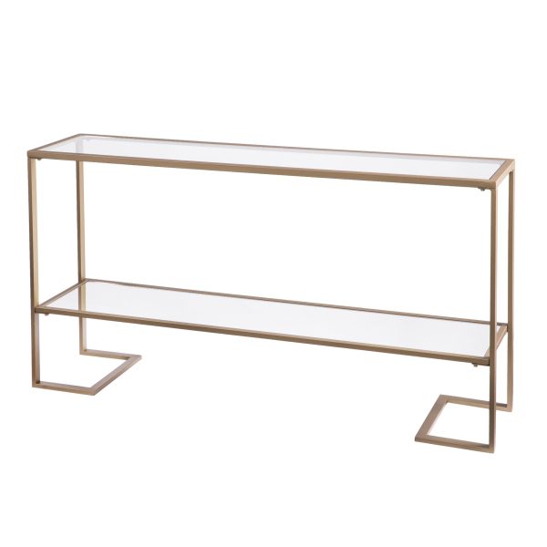 52" Clear and Gold Glass Mirrored Sled Console Table With Shelves - Image 3
