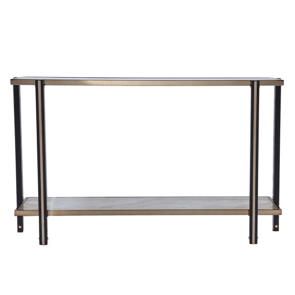 50" Smoky Black and Champagne Glass Mirrored Floor Shelf Console Table With Storage - Image 2