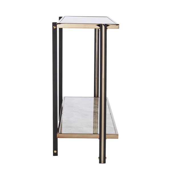 50" Smoky Black and Champagne Glass Mirrored Floor Shelf Console Table With Storage - Image 3