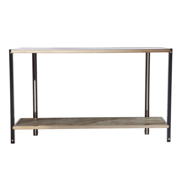 50" Smoky Black and Champagne Glass Mirrored Floor Shelf Console Table With Storage - Image 4