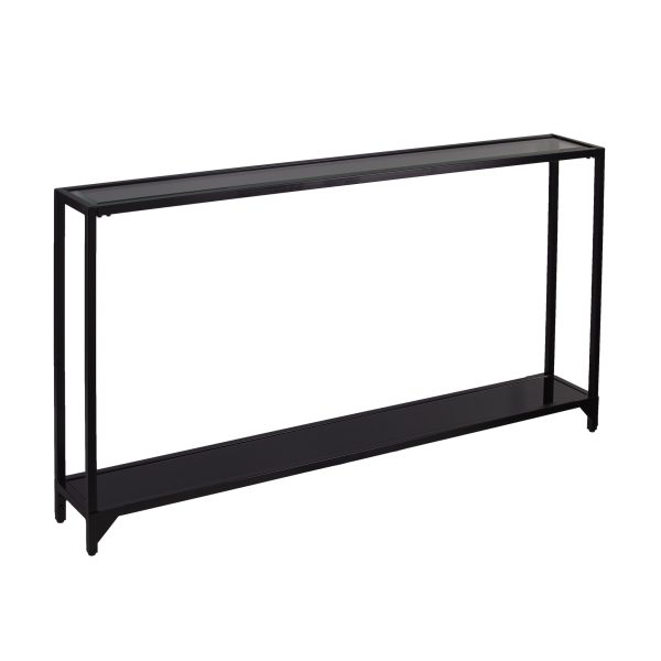 56" Clear and Black Glass Frame Console Table With Shelves - Image 3
