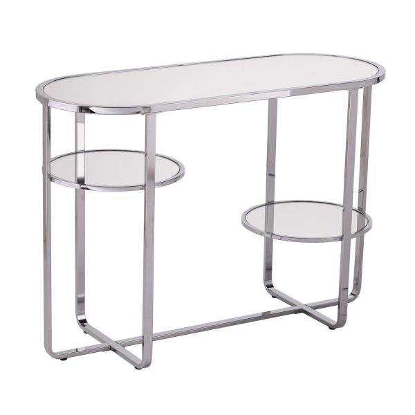 42" Silver Mirrored Glass Oval Cross Leg Console Table With Shelves - Image 2