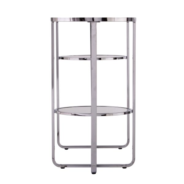 42" Silver Mirrored Glass Oval Cross Leg Console Table With Shelves - Image 4