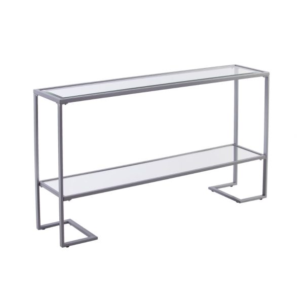 52" Clear and Silver Glass Sled Console Table With Shelves - Image 2
