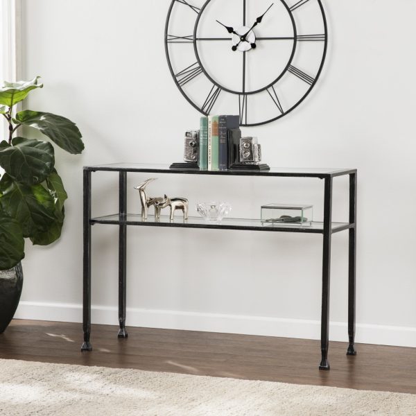 43" Clear and Black and Silver Glass Distressed Console Table With Storage - Image 3