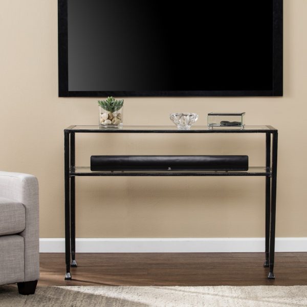 43" Clear and Black and Silver Glass Distressed Console Table With Storage - Image 4