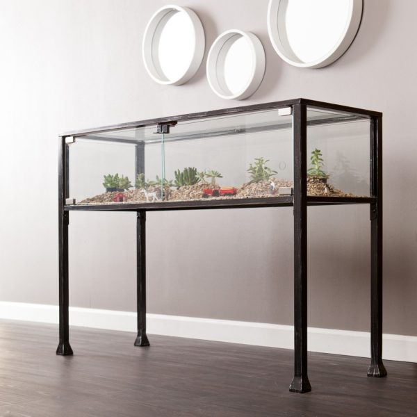 43" Clear and Black Glass Distressed Console Table With Storage - Image 3