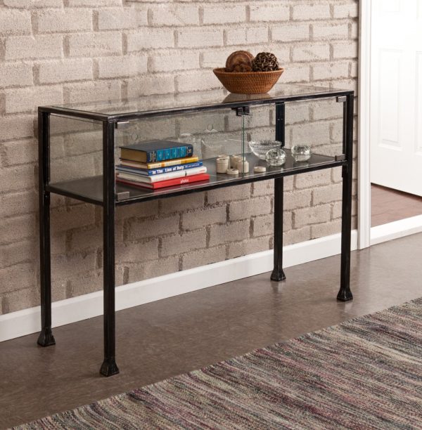 43" Clear and Black Glass Distressed Console Table With Storage - Image 4