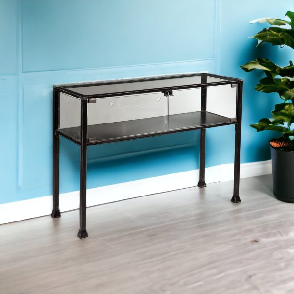 43" Clear and Black Glass Distressed Console Table With Storage - Image 2
