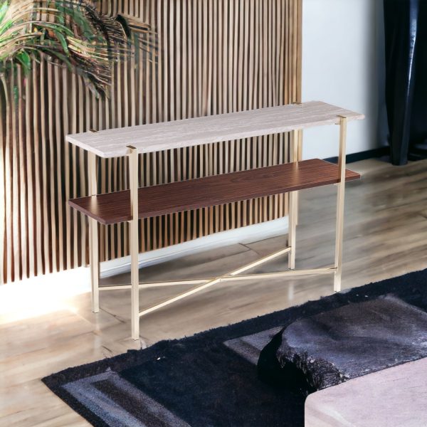 47" Beige and Gold Faux Marble Frame Console Table With Shelves - Image 4