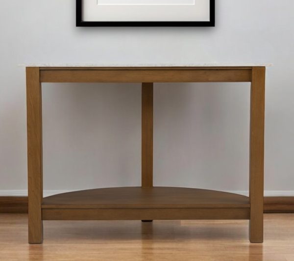 42" White and Natural Faux Marble Half Circle Three Leg Console Table With Shelves