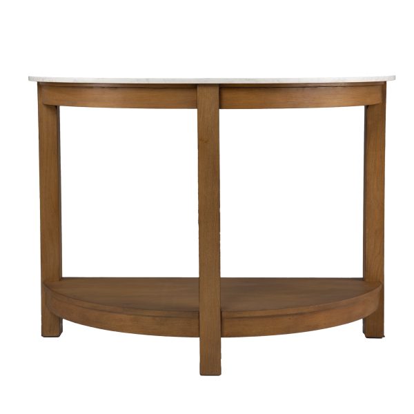 42" White and Natural Faux Marble Half Circle Three Leg Console Table With Shelves - Image 4