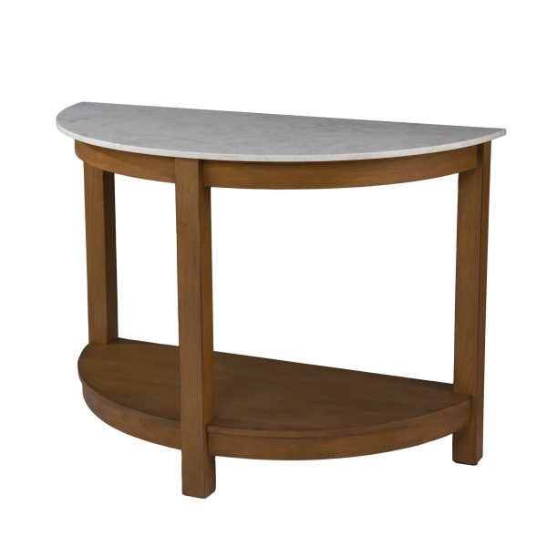42" White and Natural Faux Marble Half Circle Three Leg Console Table With Shelves - Image 3
