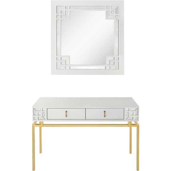 Set of Two 47" White and Gold Solid Wood Mirrored Console Table And Drawers - Image 2