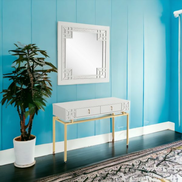 Set of Two 47" White and Gold Solid Wood Mirrored Console Table And Drawers - Image 4